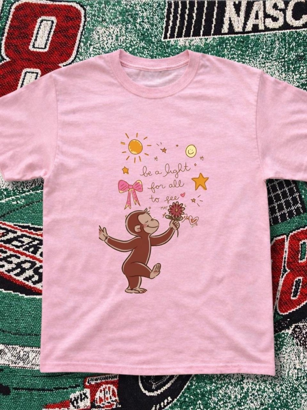 Gildan Pink Curious Monkey Graphic Tee with Stars & Bow